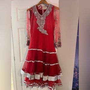 Red Outfit with Silver work